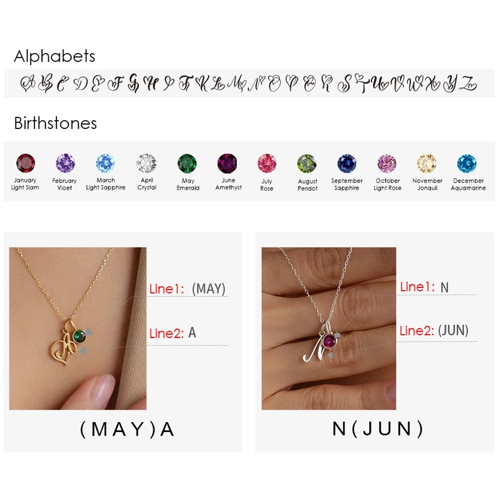 Personalized Birthstone Letter Necklace – Custom Stainless Steel Letter Pendant with Thin Link Chain
