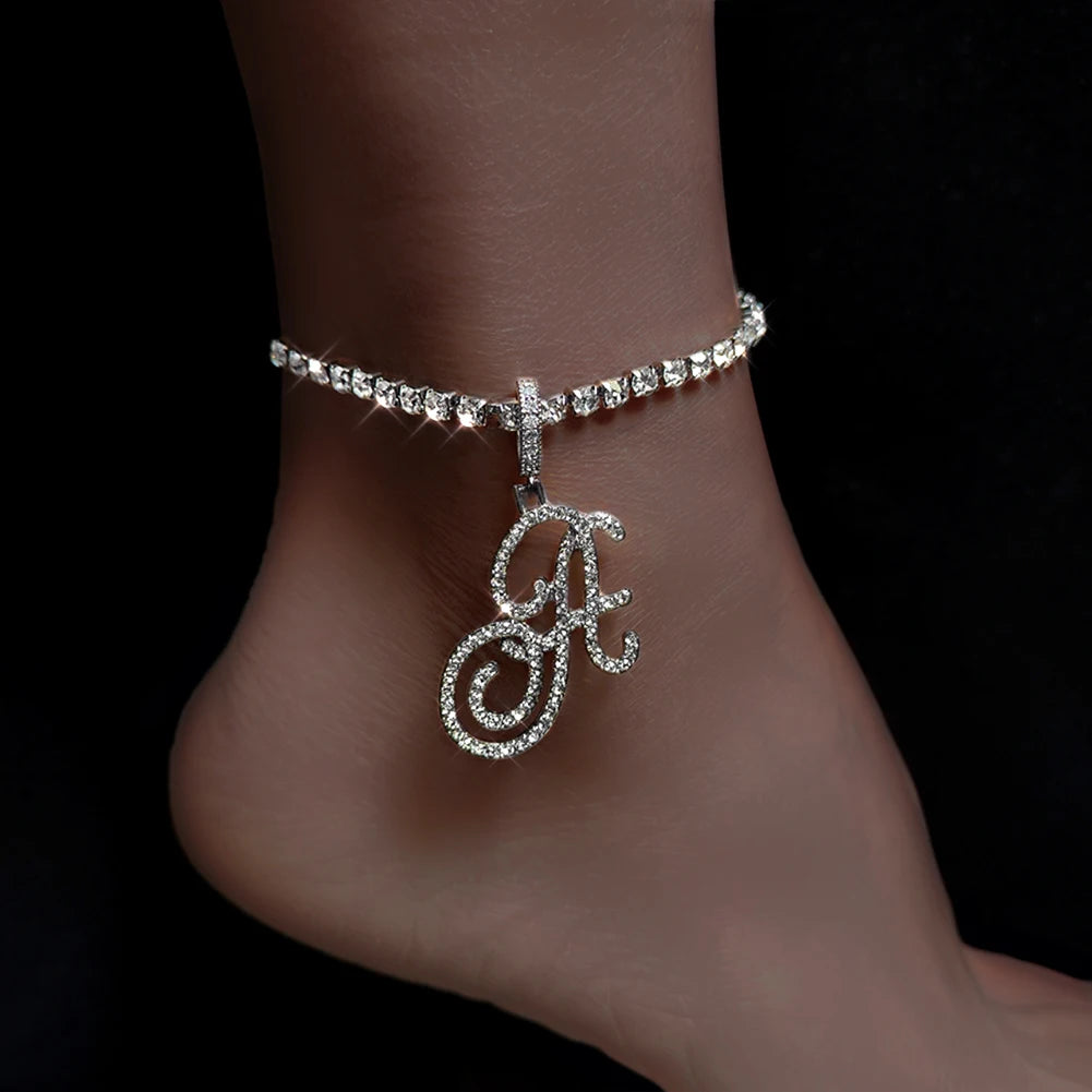 Personalized Cursive Letter Anklet – A-Z Initial Anklet with Sparkling Zircon Stones, Glam Statement Jewelry for Women