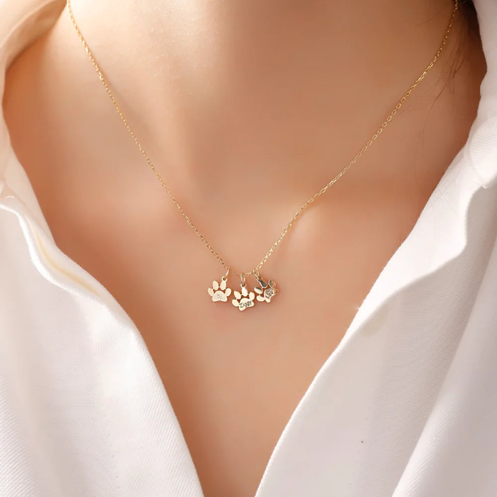 Custom Pet Name Necklace – Engraved Paw Charm Stainless Steel Jewelry
