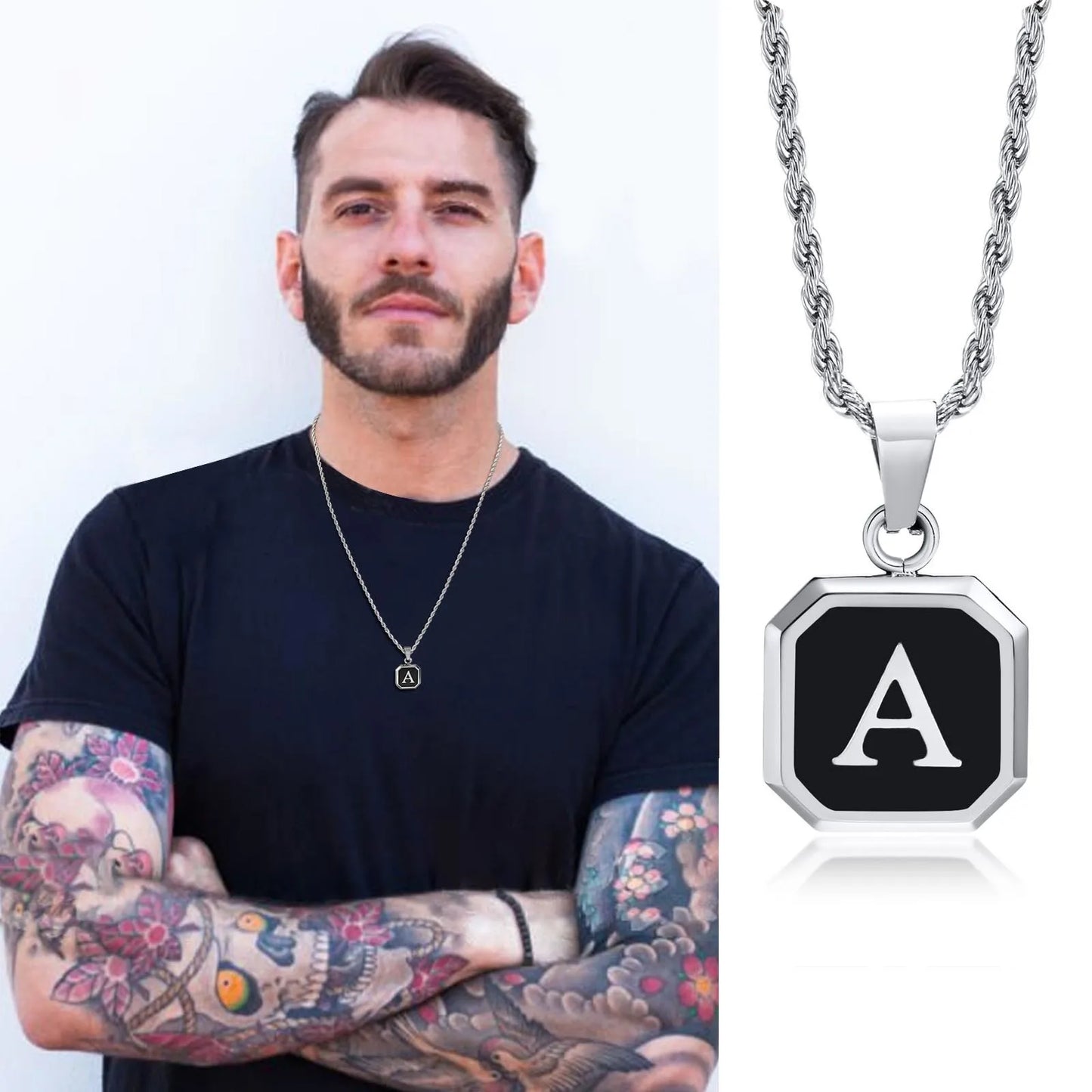 Men’s Initial Letter Necklace – Stainless Steel A-Z Pendant on Rope Chain
