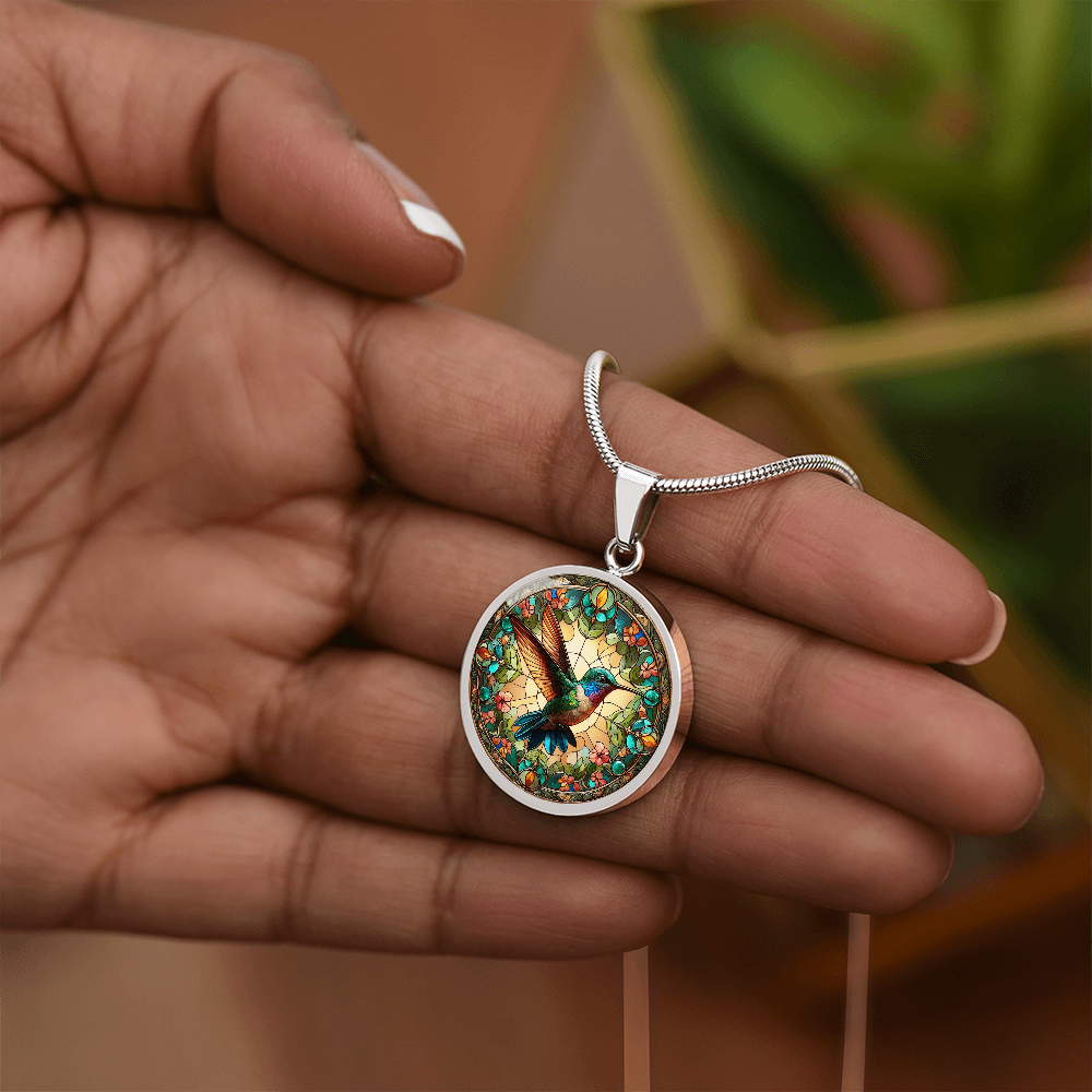 Hummingbird Stained Glass Effect Round Pendant Necklace
