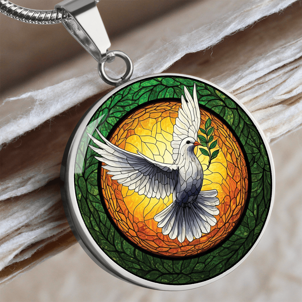 Dove Stained Glass Effect Round Pendant Necklace