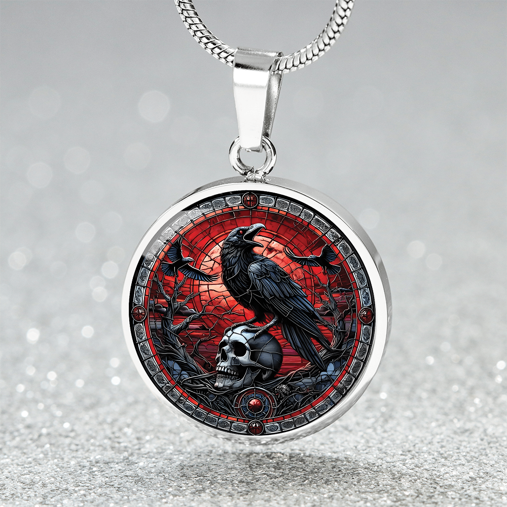 Skull and Raven Round Pendant Necklace, Halloween Necklace, Goth Jewelry
