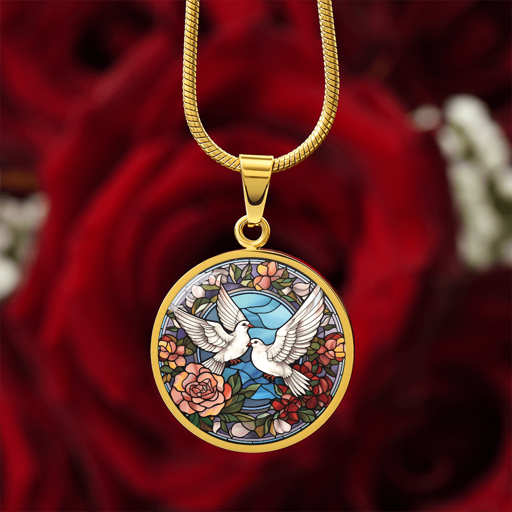 Doves Stained Glass Effect Round Pendant Necklace