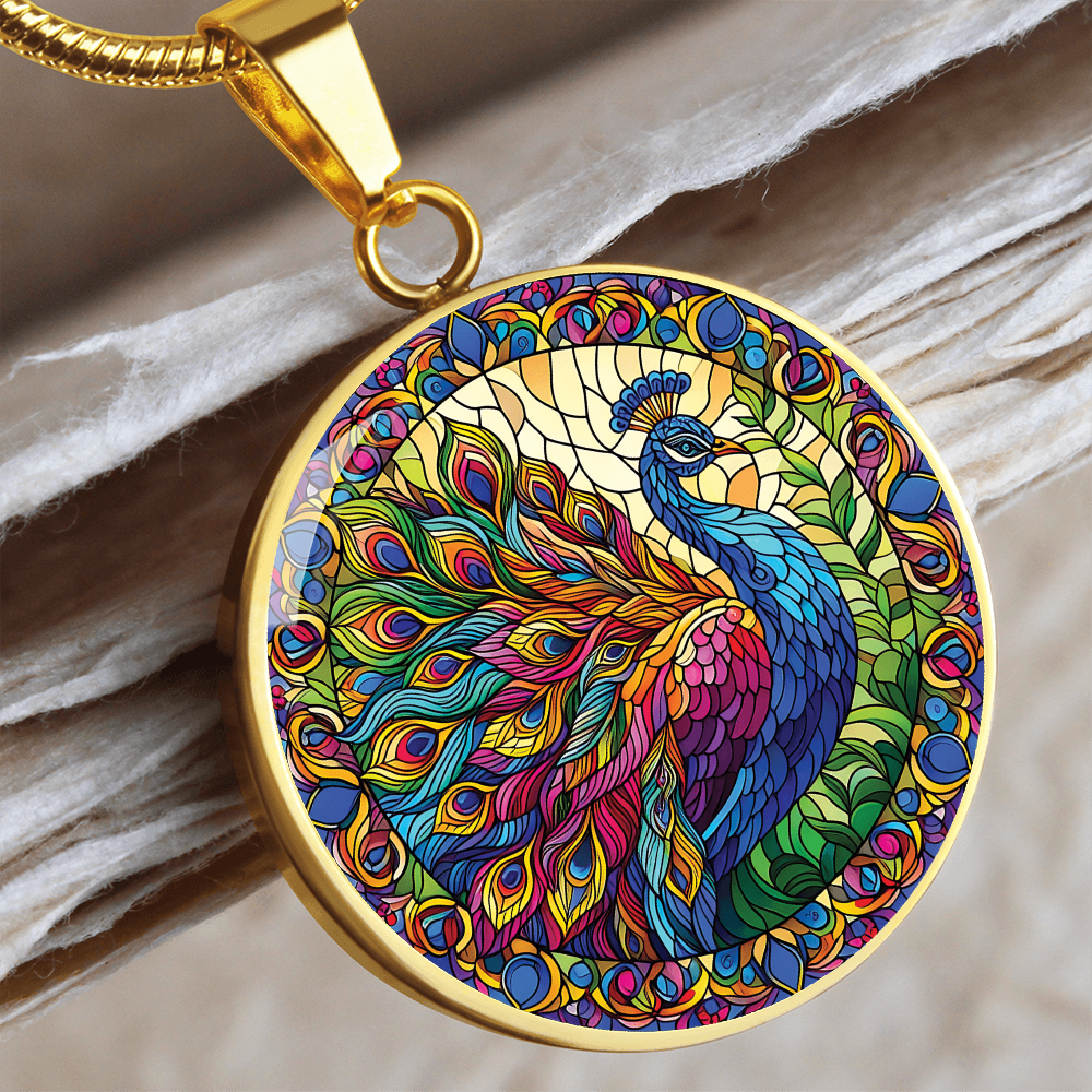 Stained Glass Effect Peacock Round Pendant Necklace
