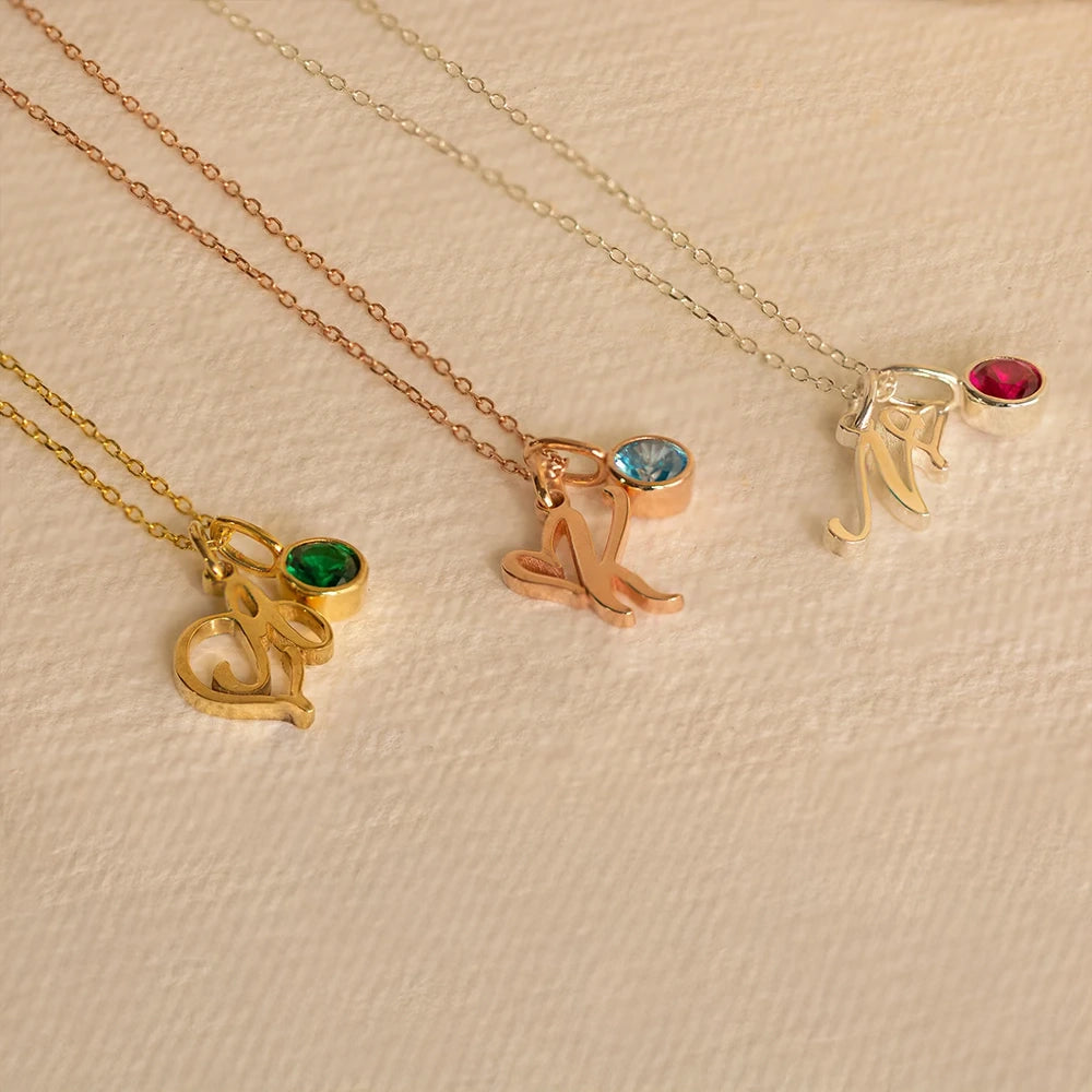 Personalized Birthstone Letter Necklace – Custom Stainless Steel Letter Pendant with Thin Link Chain