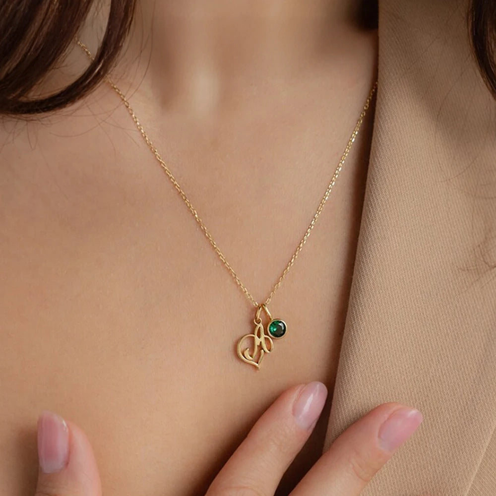 Personalized Birthstone Letter Necklace – Custom Stainless Steel Letter Pendant with Thin Link Chain