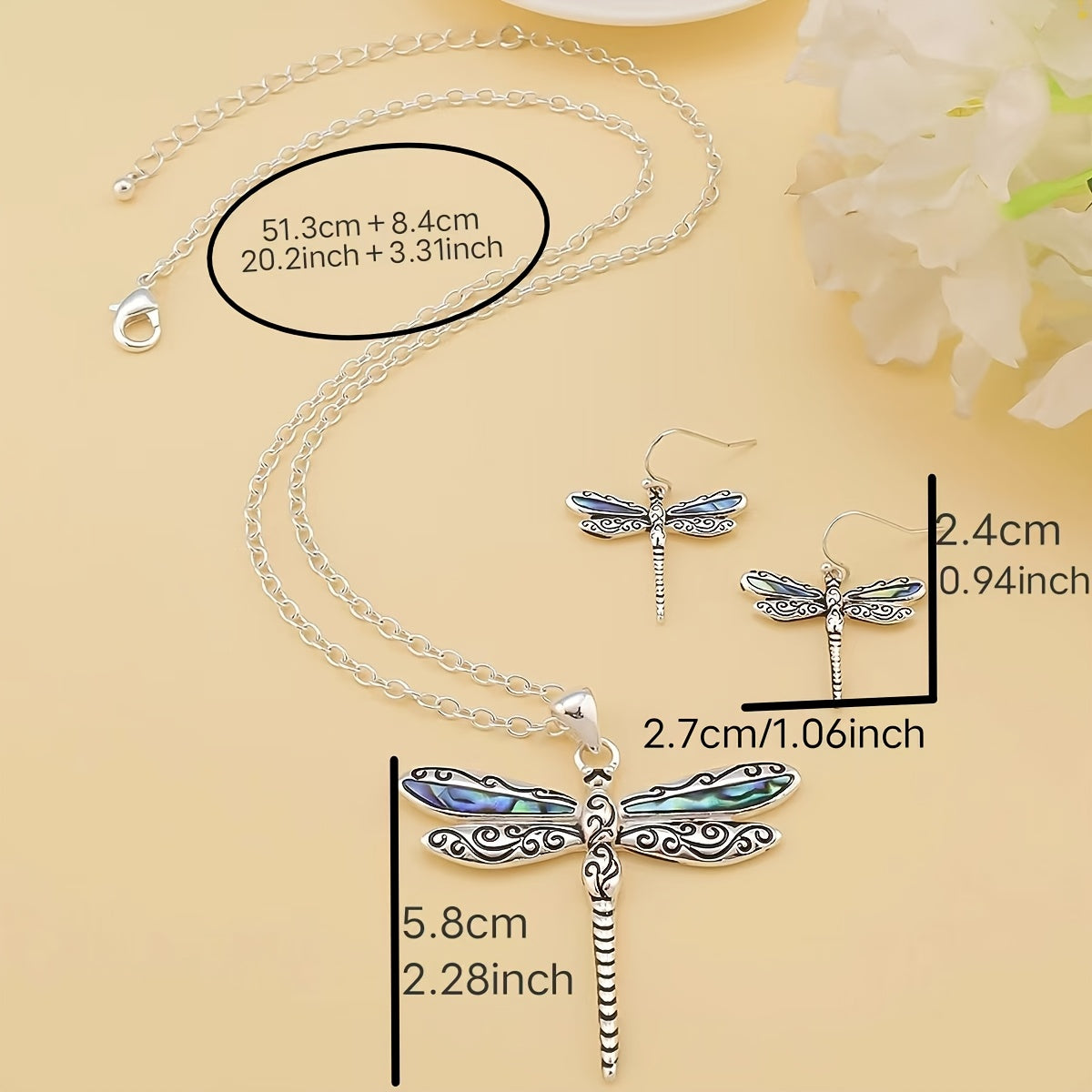 Elegant Dragonfly Necklace & Earring Set – Zinc Alloy Jewelry for Women, Blue Pendant with Matching Earrings, Vacation or Daily Wear