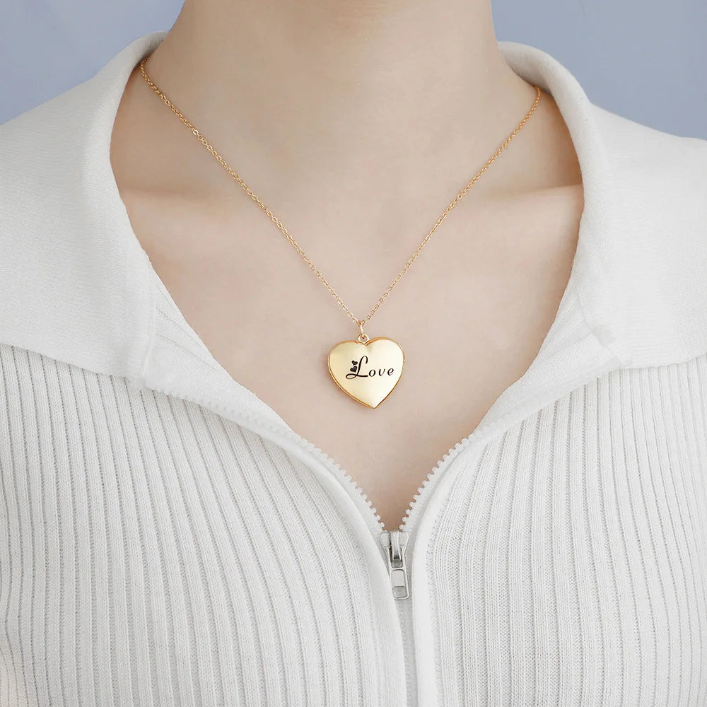 Locket Necklace with Photo, Engraved Heart Shape Necklace, Photo Necklace in Gold