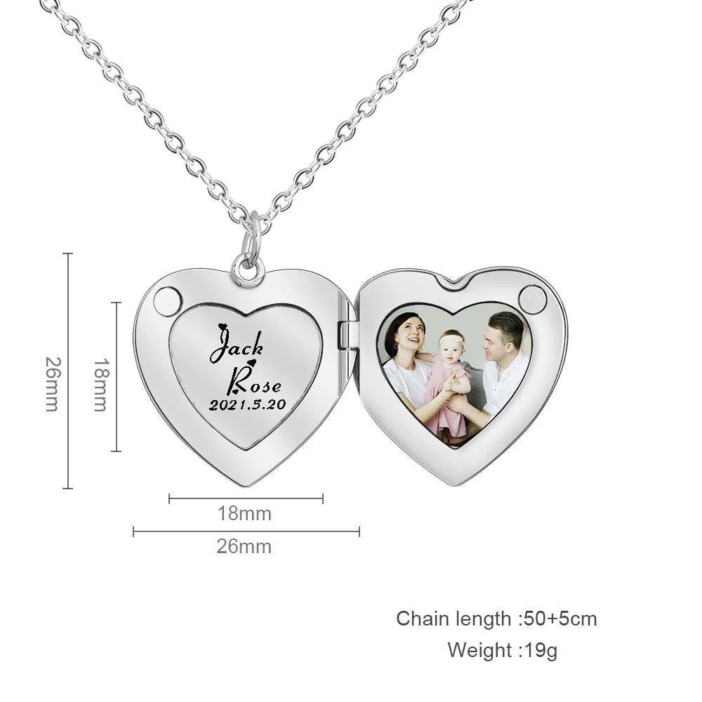 Locket Necklace with Photo, Engraved Heart Shape Necklace, Photo Necklace in Gold