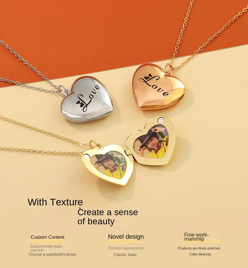 Locket Necklace with Photo, Engraved Heart Shape Necklace, Photo Necklace in Gold