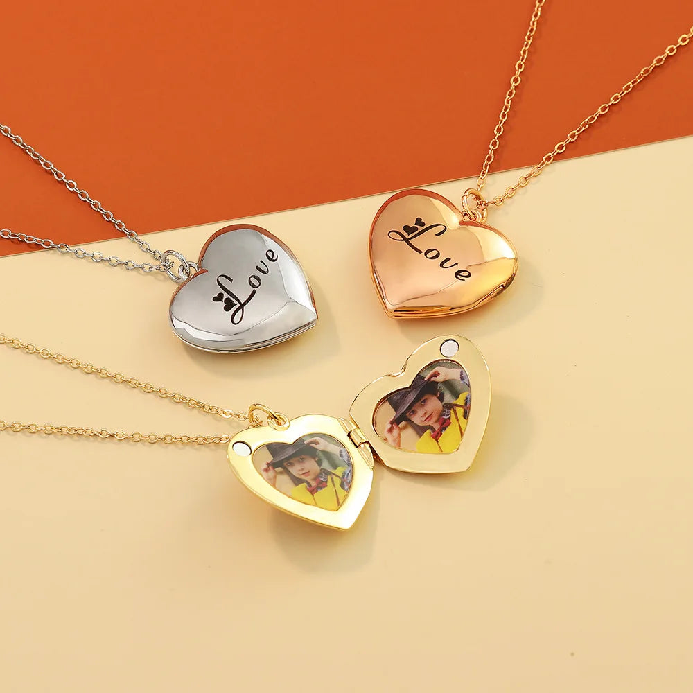 Locket Necklace with Photo, Engraved Heart Shape Necklace, Photo Necklace in Gold