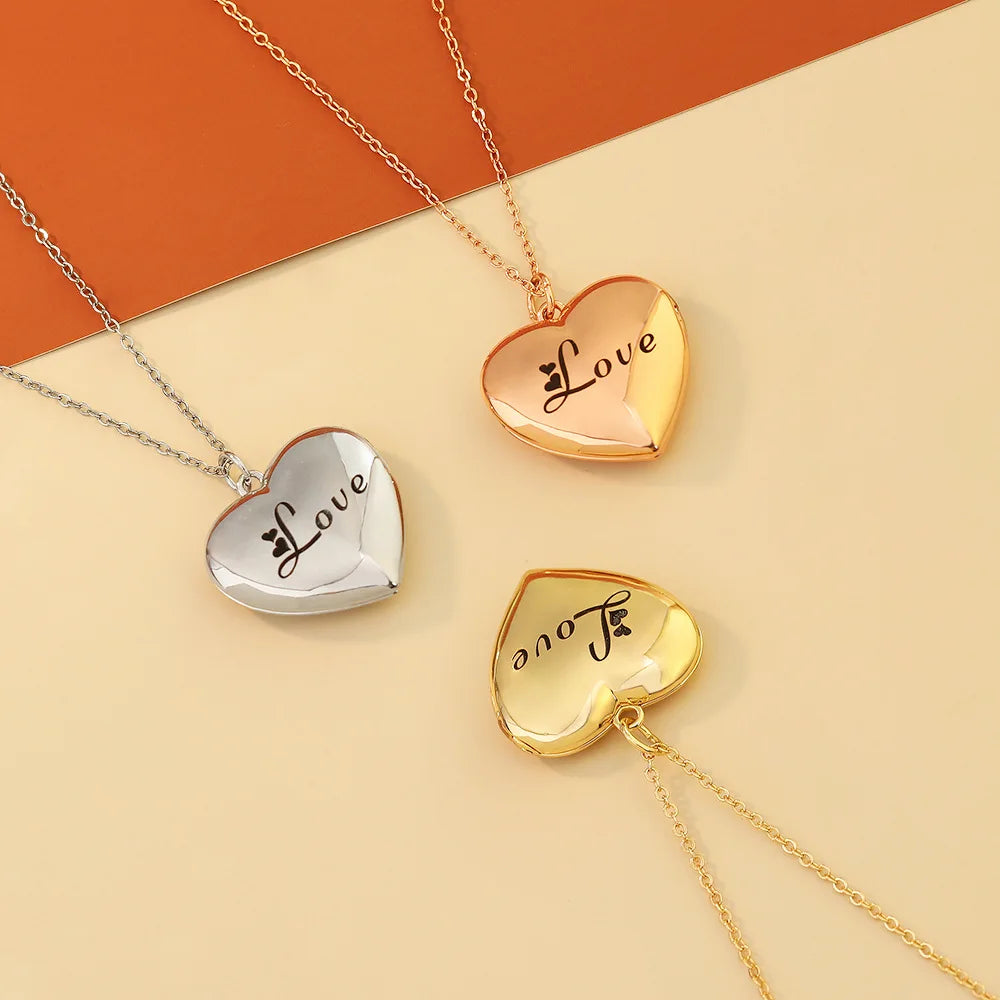 Locket Necklace with Photo, Engraved Heart Shape Necklace, Photo Necklace in Gold