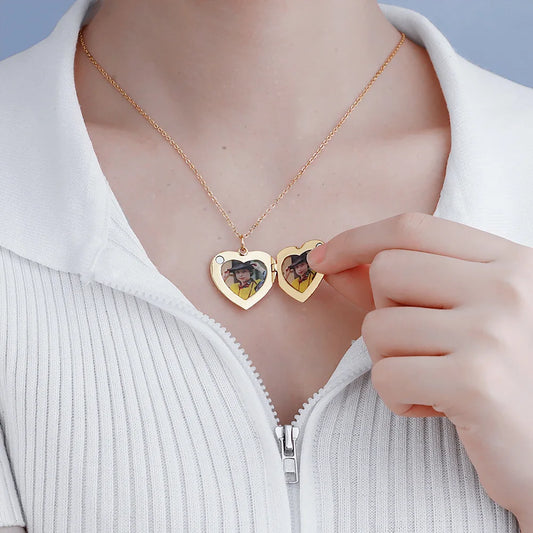 Locket Necklace with Photo, Engraved Heart Shape Necklace, Photo Necklace in Gold