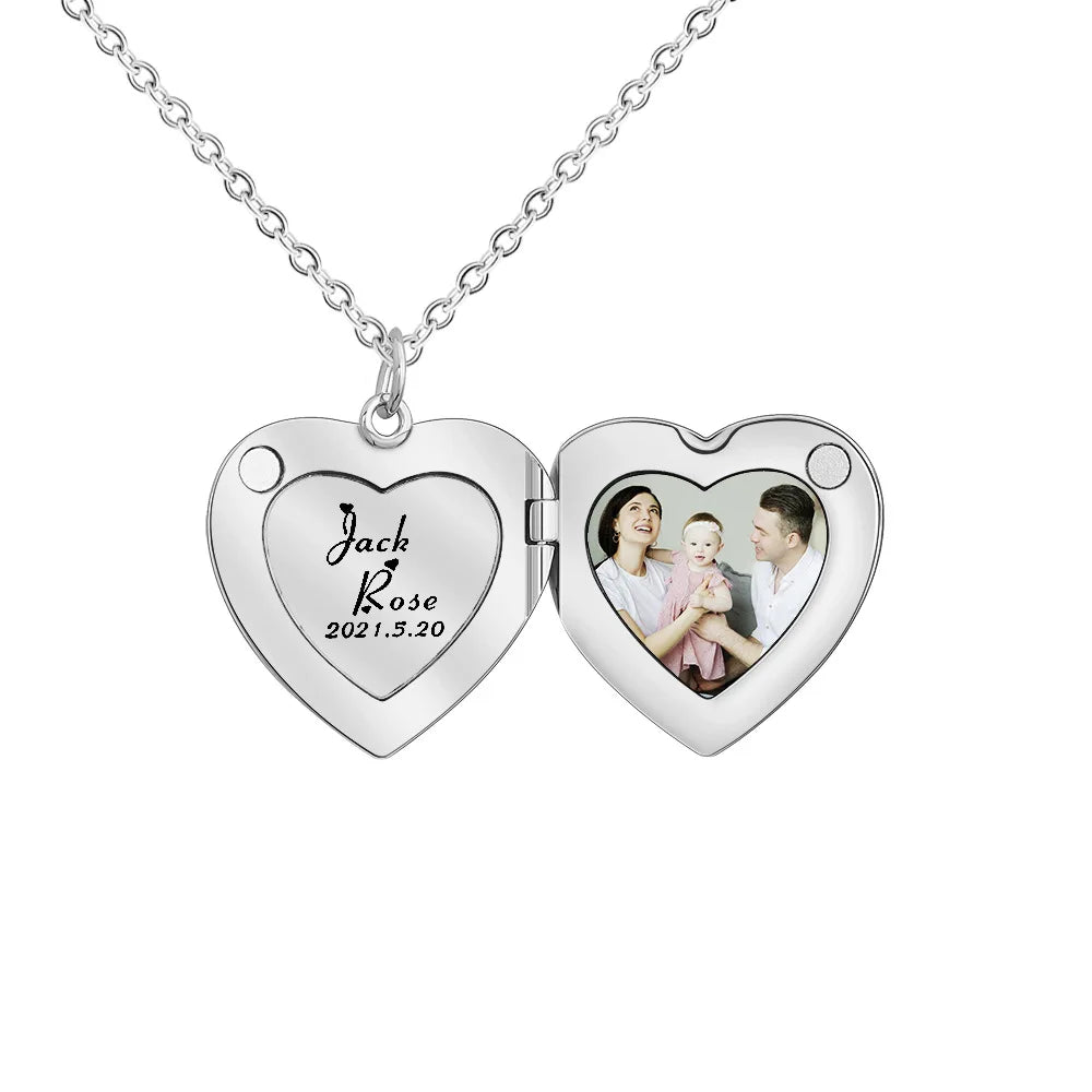 Locket Necklace with Photo, Engraved Heart Shape Necklace, Photo Necklace in Gold
