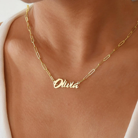 Custom Name Necklace – 18K Gold Plated Paperclip Chain, Personalized Name Jewelry, Stainless Steel Nameplate Necklace, Gift for Her, Silver or Rose Gold
