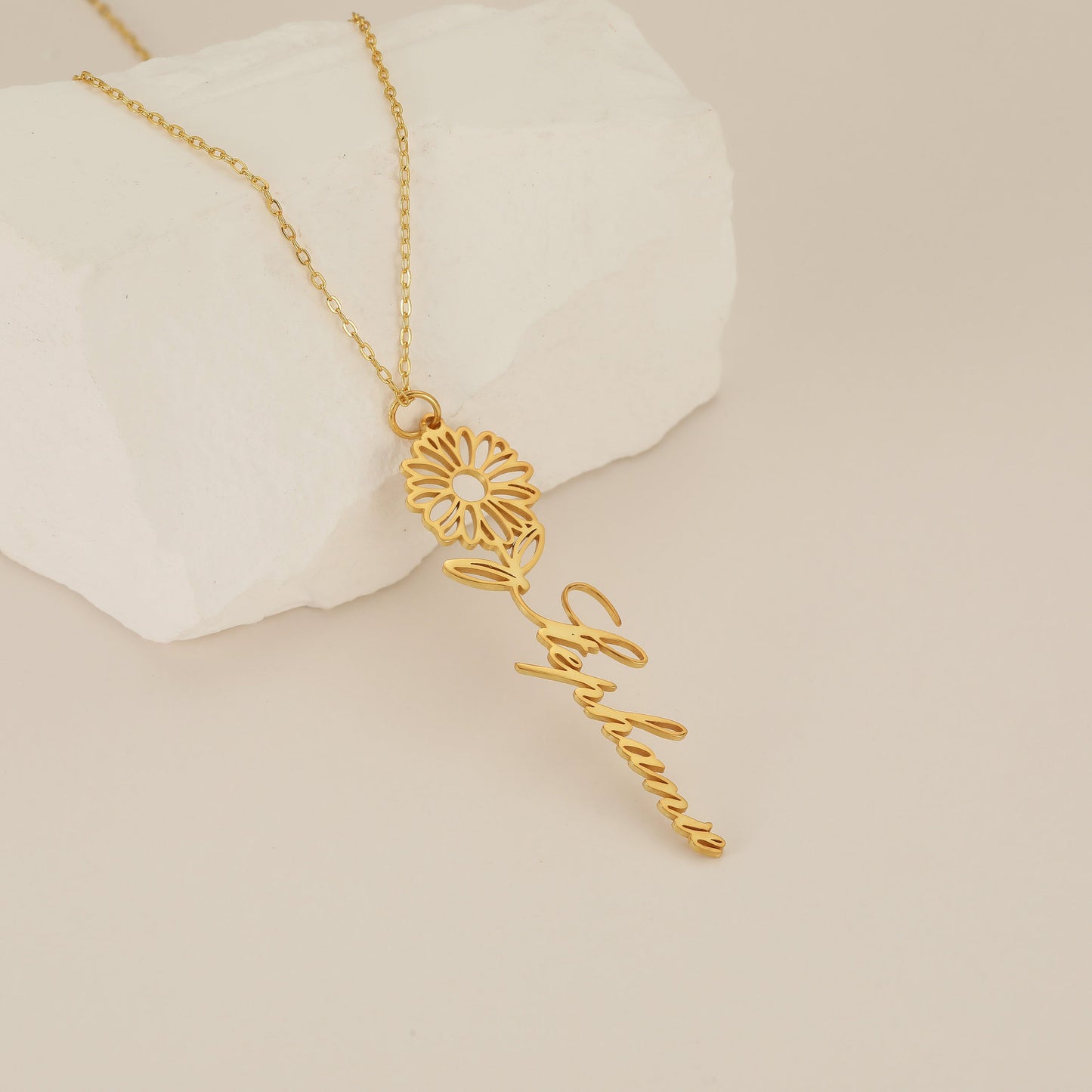 Birth Month Flower Custom Name Necklace – Titanium Steel, Gold/Rose Gold/Silver