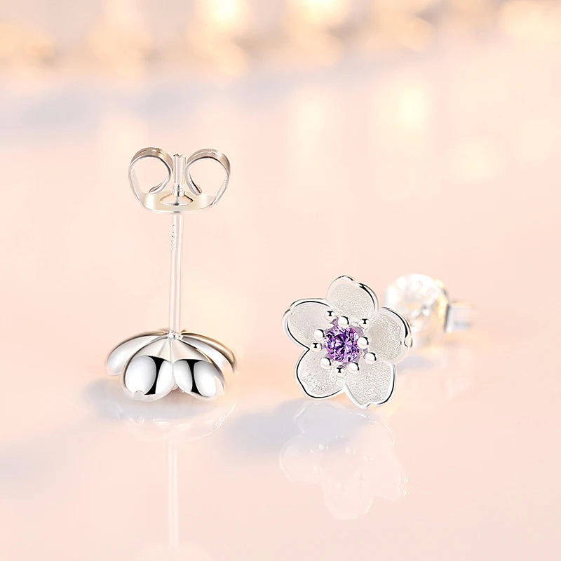 Flower Pendant Necklace Stud Earrings, 925 Sterling Silver