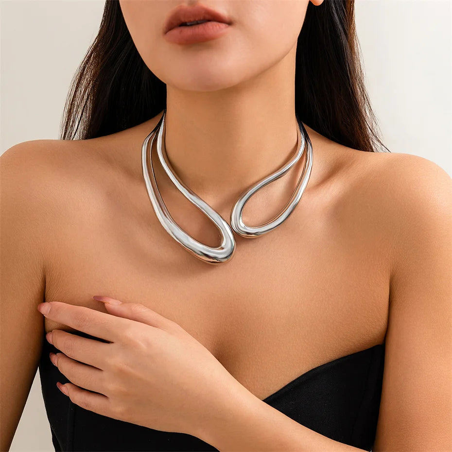 Bold Sculptural Choker Necklace in Gold or Silver, Steampunk