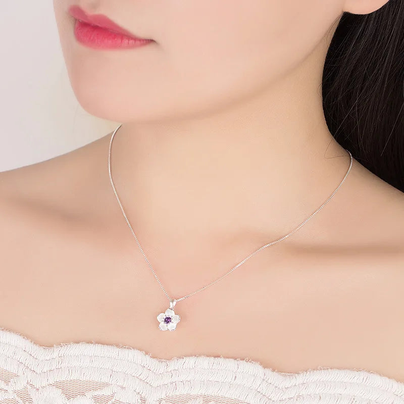 Flower Pendant Necklace Stud Earrings, 925 Sterling Silver