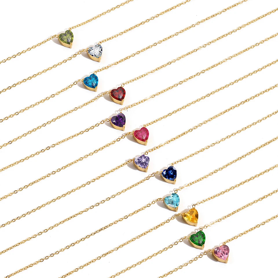 Birth Month Stone CZ Heart Pendant Necklace