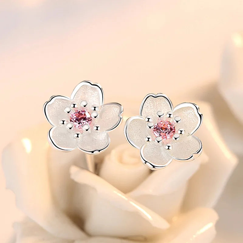 Flower Pendant Necklace Stud Earrings, 925 Sterling Silver