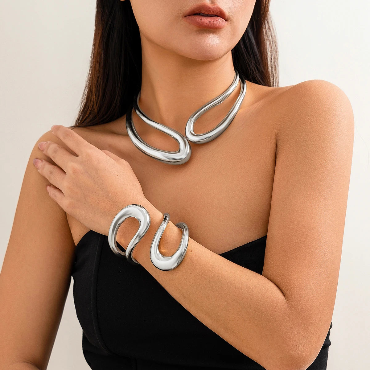 Bold Sculptural Choker Necklace in Gold or Silver, Steampunk
