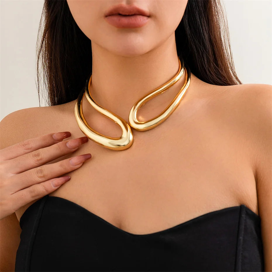 Bold Sculptural Choker Necklace in Gold or Silver, Steampunk
