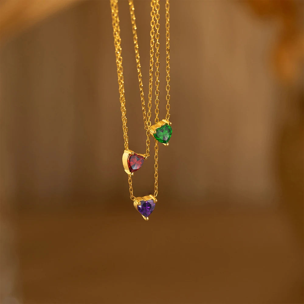 Birth Month Stone CZ Heart Pendant Necklace