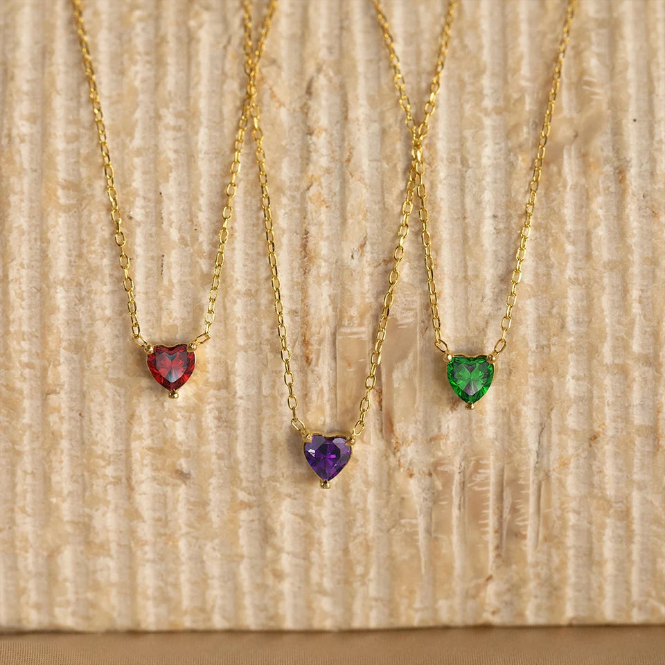 Birth Month Stone CZ Heart Pendant Necklace