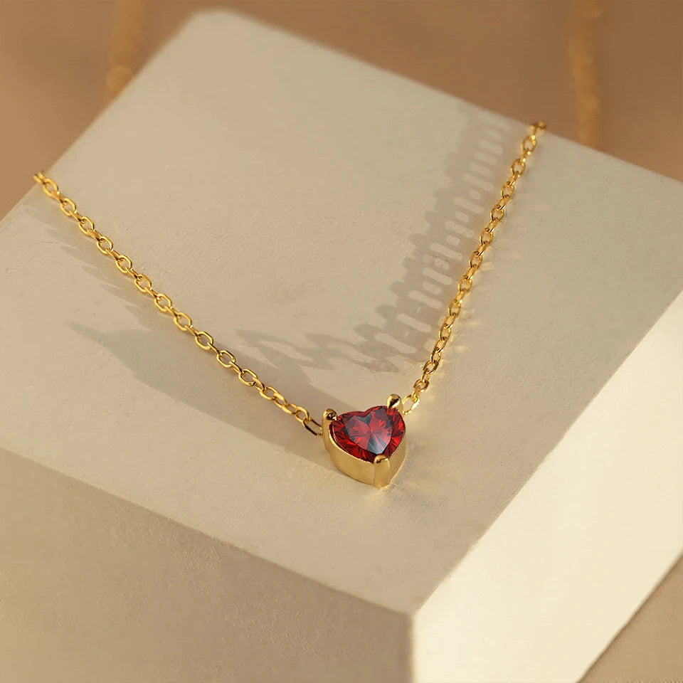 Birth Month Stone CZ Heart Pendant Necklace