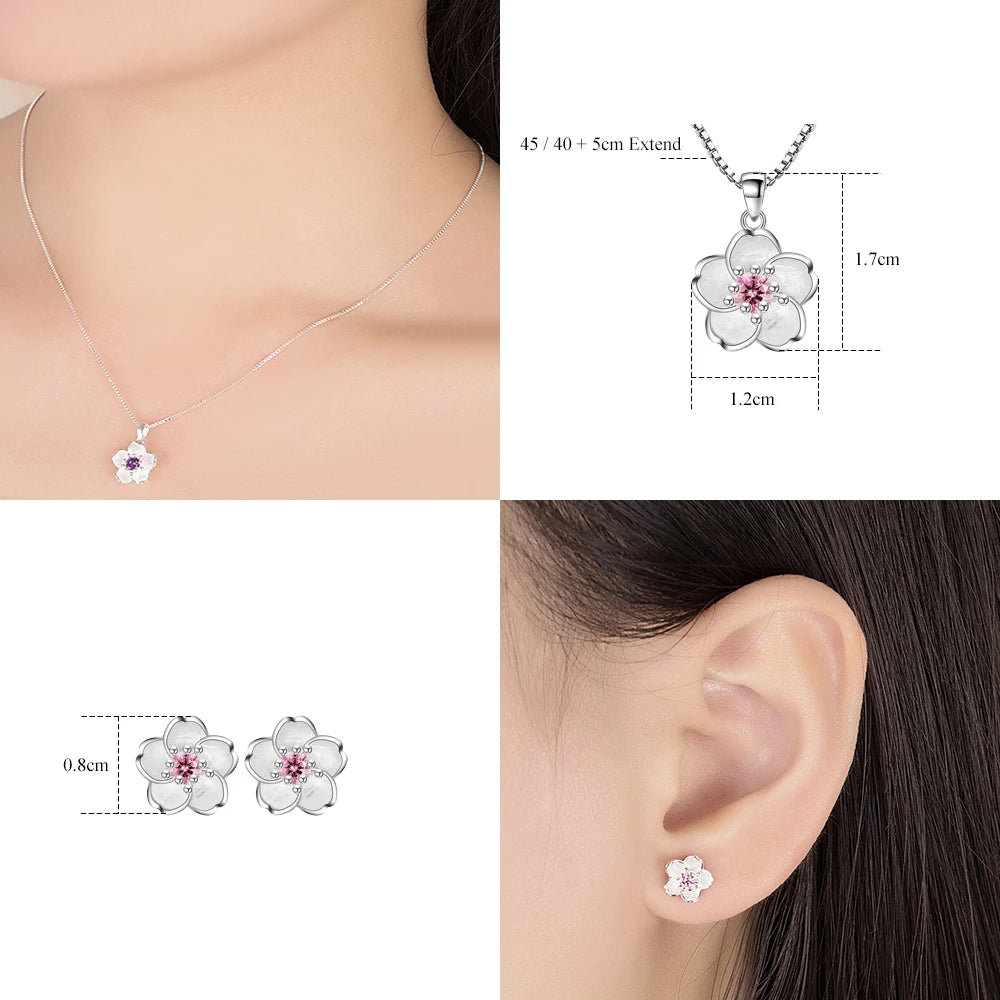 Flower Pendant Necklace Stud Earrings, 925 Sterling Silver