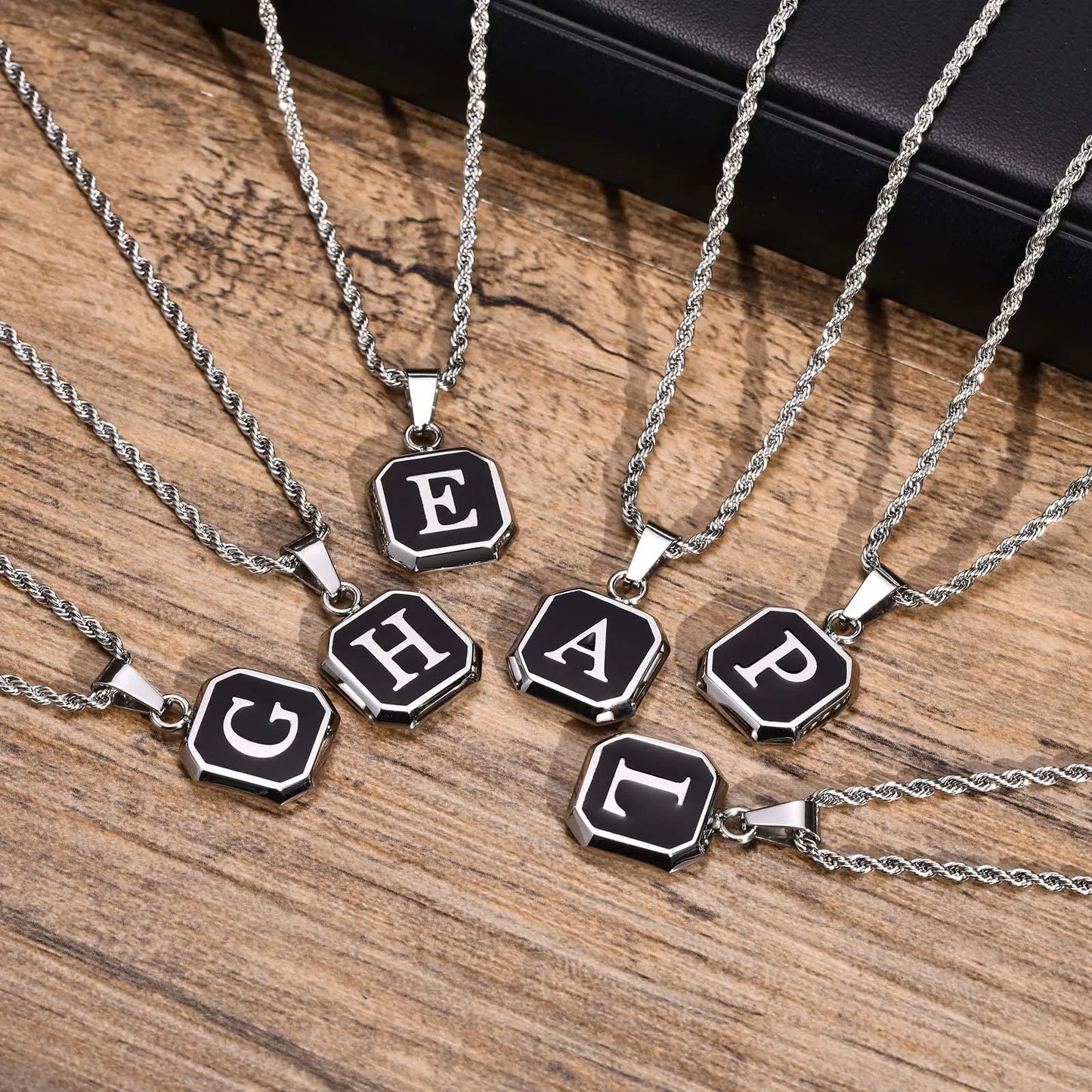 Men’s Initial Letter Necklace – Stainless Steel A-Z Pendant on Rope Chain