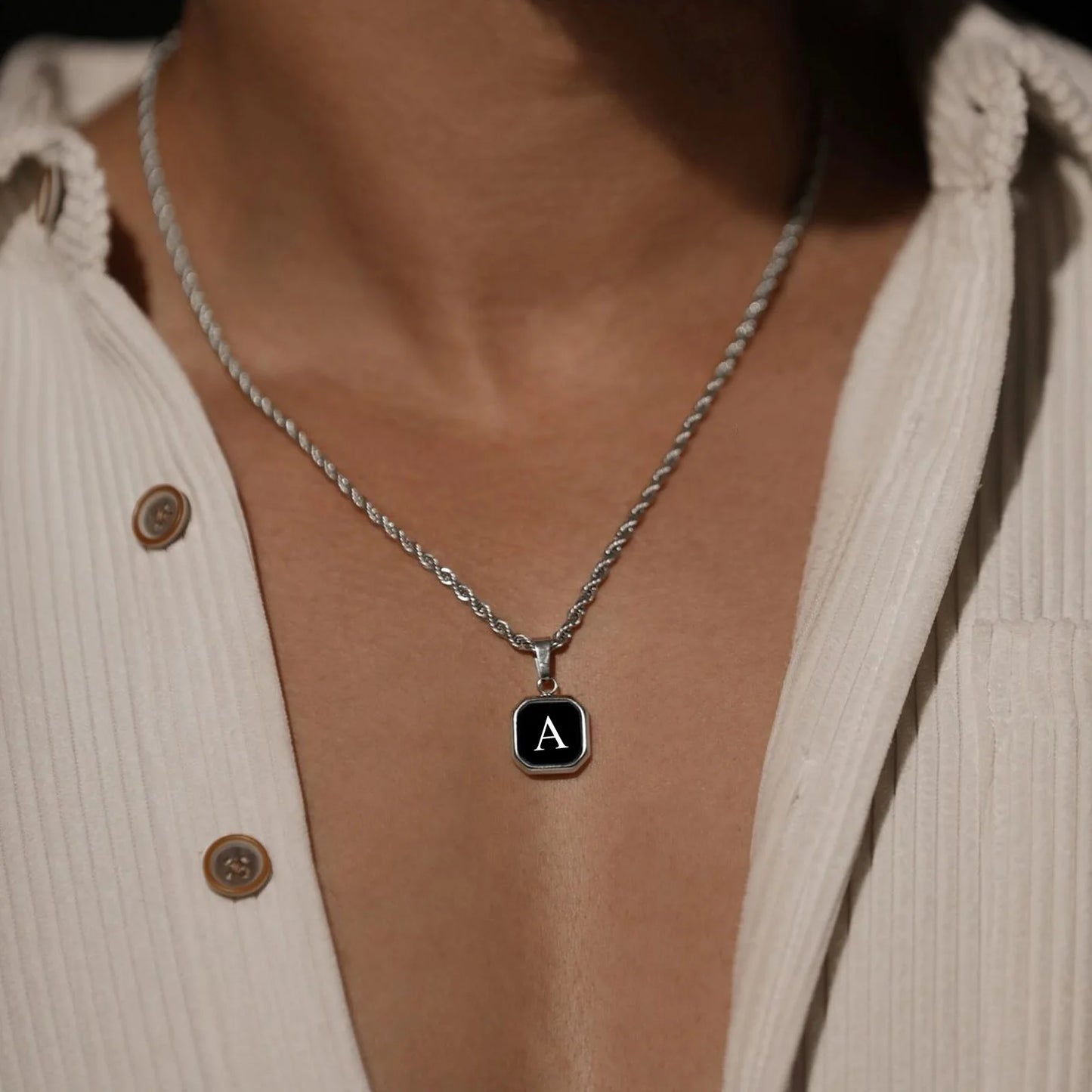 Men’s Initial Letter Necklace – Stainless Steel A-Z Pendant on Rope Chain