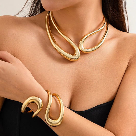 Bold Sculptural Choker Necklace in Gold or Silver, Steampunk