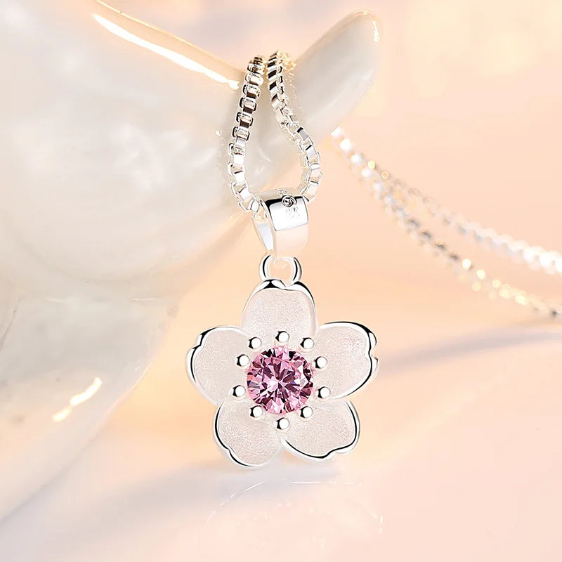 Flower Pendant Necklace Stud Earrings, 925 Sterling Silver