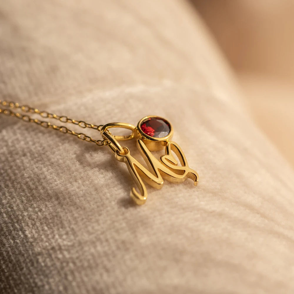 Personalized Birthstone Letter Necklace – Custom Stainless Steel Letter Pendant with Thin Link Chain