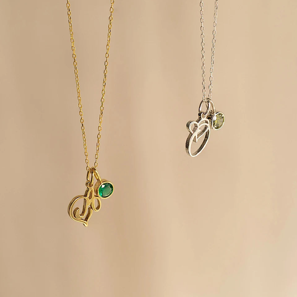 Personalized Birthstone Letter Necklace – Custom Stainless Steel Letter Pendant with Thin Link Chain