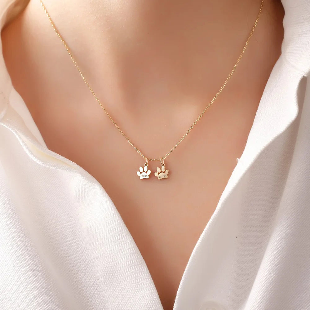 Custom Pet Name Necklace – Engraved Paw Charm Stainless Steel Jewelry