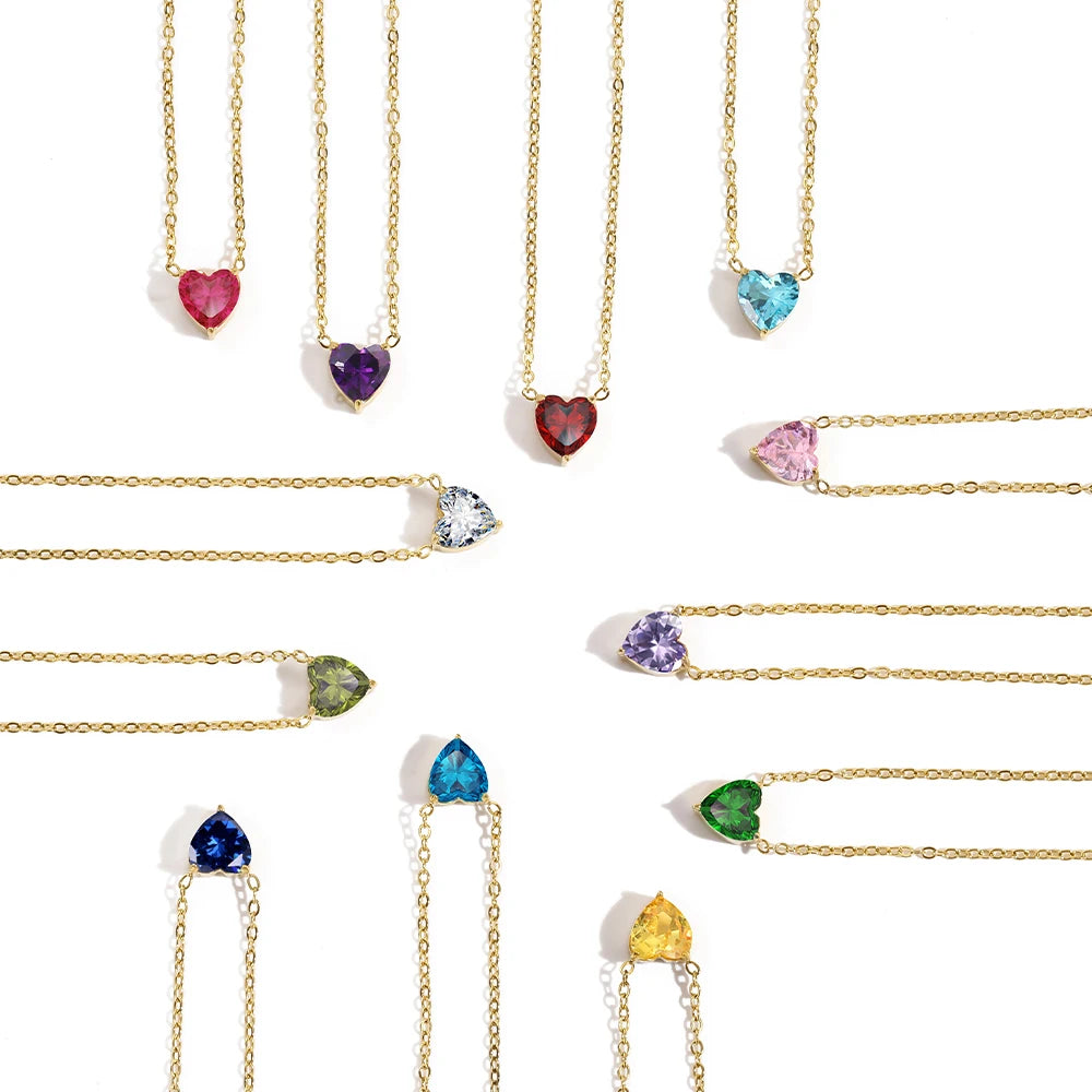Birth Month Stone CZ Heart Pendant Necklace