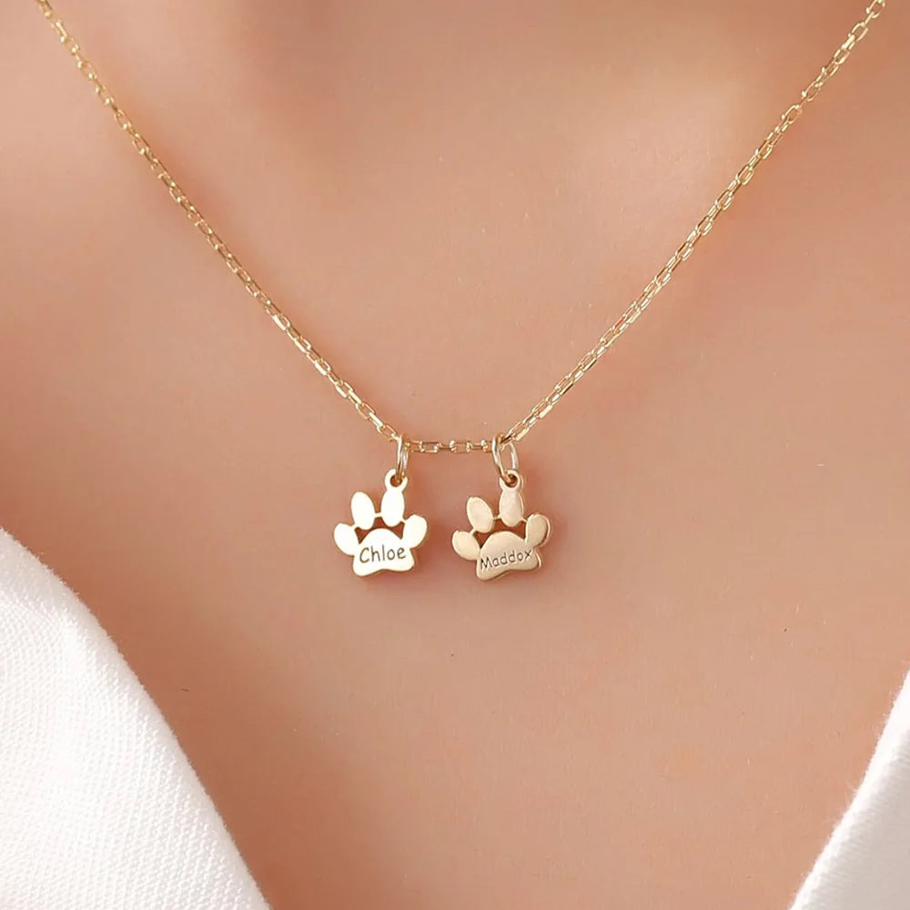 Custom Pet Name Necklace – Engraved Paw Charm Stainless Steel Jewelry