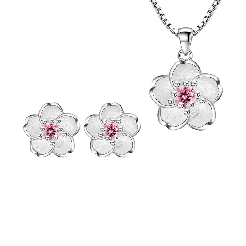 Flower Pendant Necklace Stud Earrings, 925 Sterling Silver