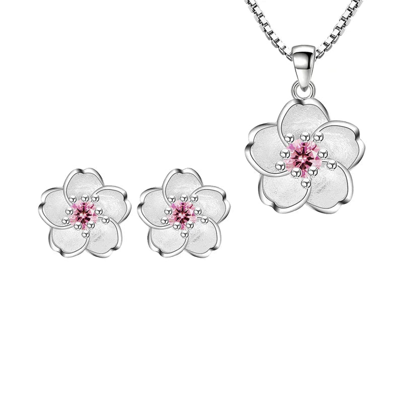 Flower Pendant Necklace Stud Earrings, 925 Sterling Silver