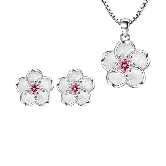 Flower Pendant Necklace Stud Earrings, 925 Sterling Silver