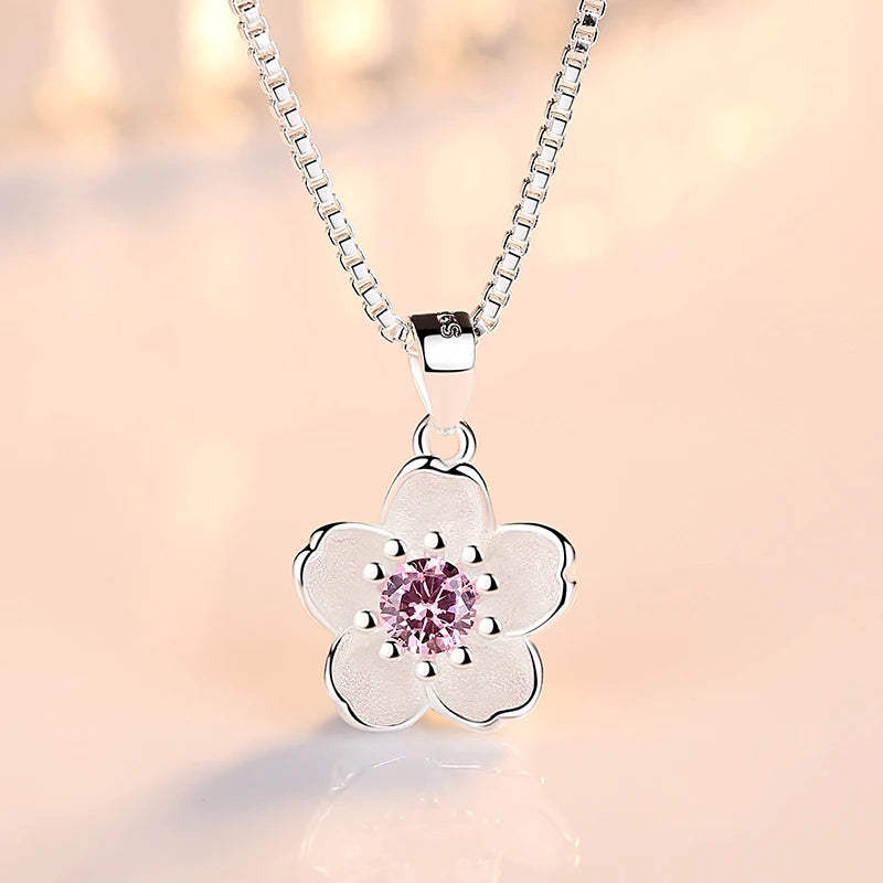 Flower Pendant Necklace Stud Earrings, 925 Sterling Silver