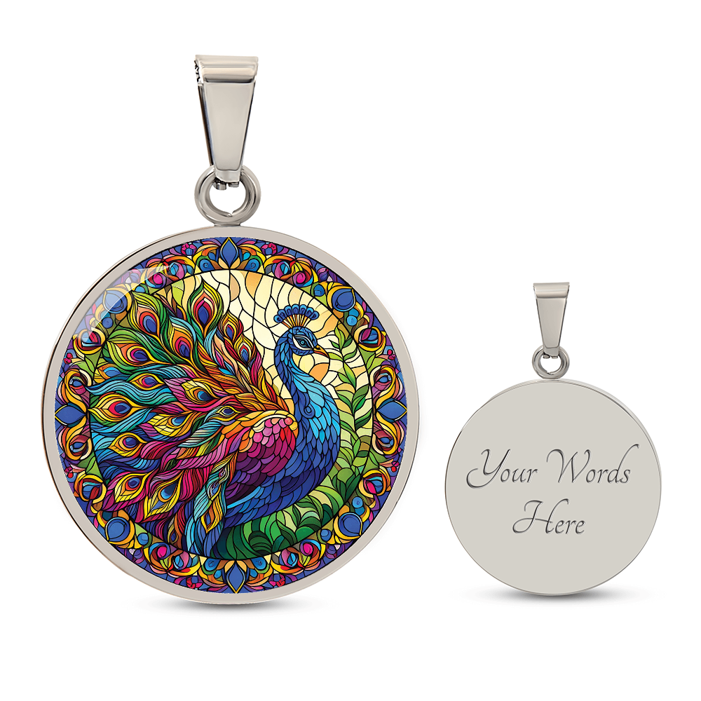 Stained Glass Effect Peacock Round Pendant Necklace