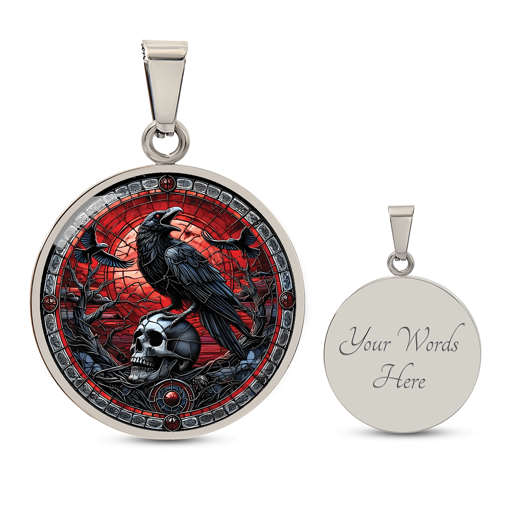 Skull and Raven Round Pendant Necklace, Halloween Necklace, Goth Jewelry