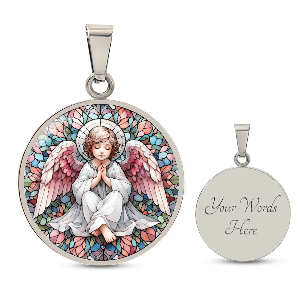 Guardian Angel Stained Glass Effect Round Pendant Necklace