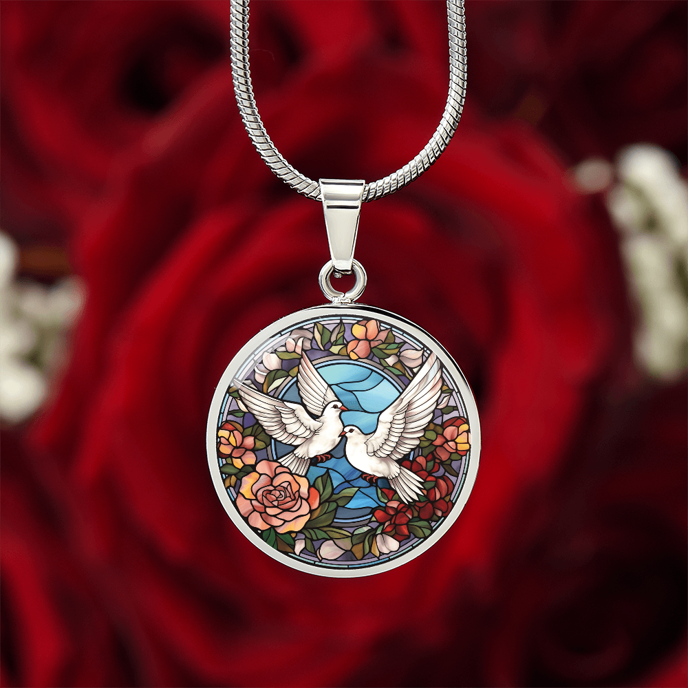 Doves Stained Glass Effect Round Pendant Necklace