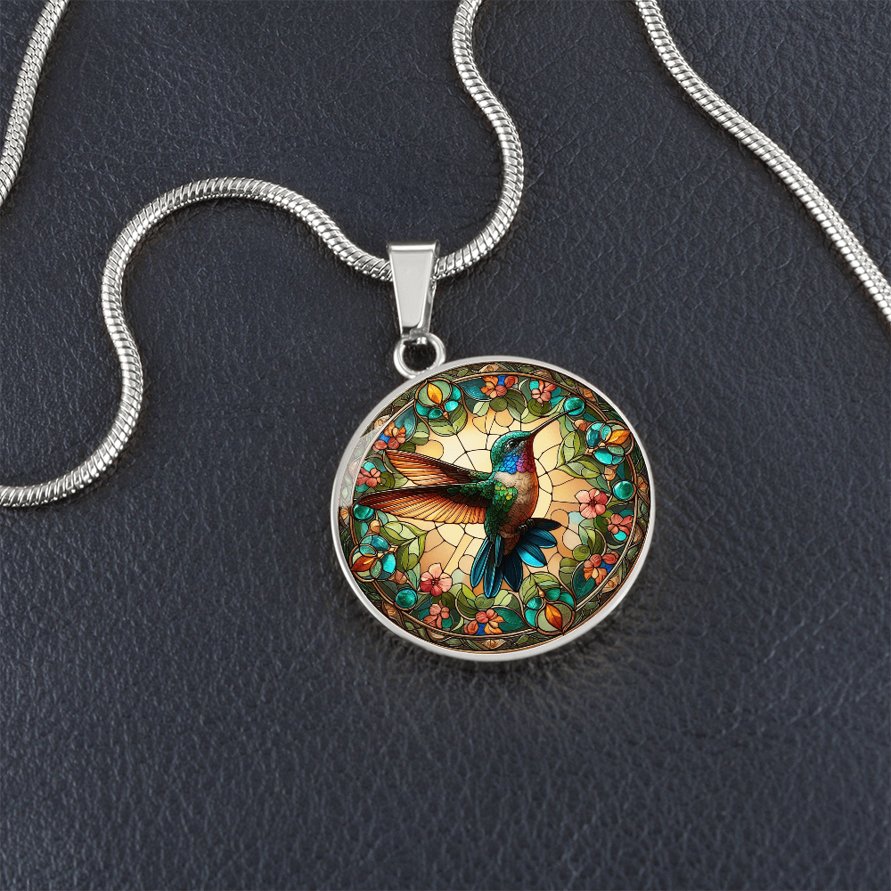 Hummingbird Stained Glass Effect Round Pendant Necklace
